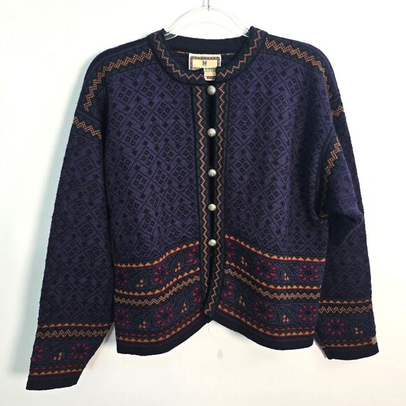 Dale of Norway Wool Cardigan Sweater Nordic Fair Isle Pewter Button Purple L - Picture 1 of 10